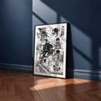 Levi Ackerman manga poster inspired by Attack on Titan in a black frame against a navy blue wall