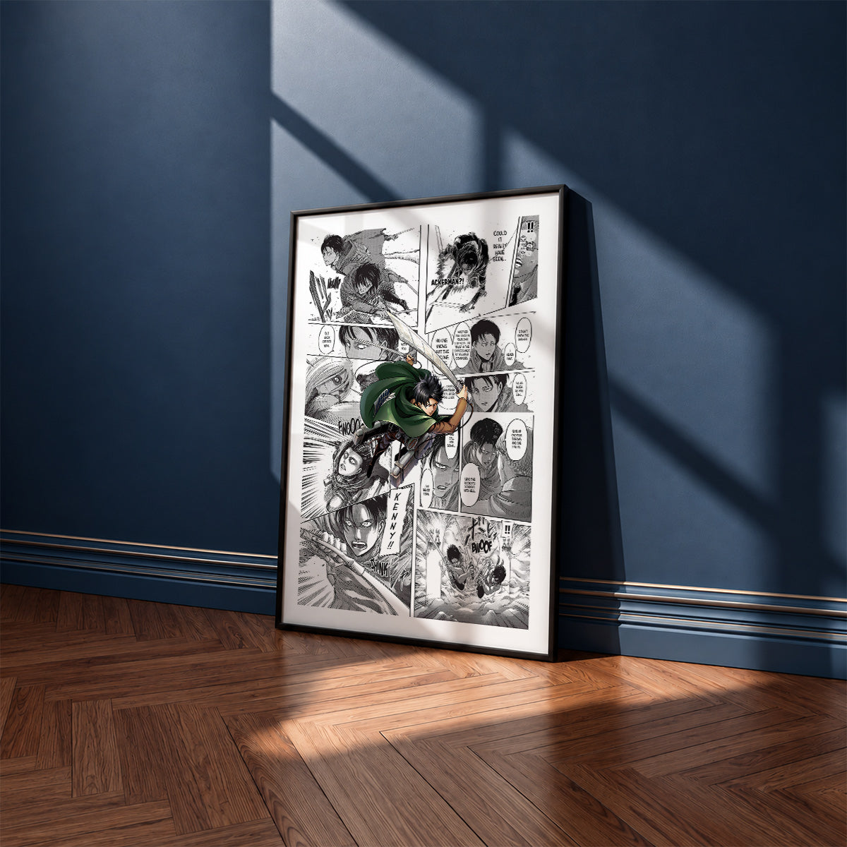 Levi Ackerman manga poster inspired by Attack on Titan in a black frame against a navy blue wall