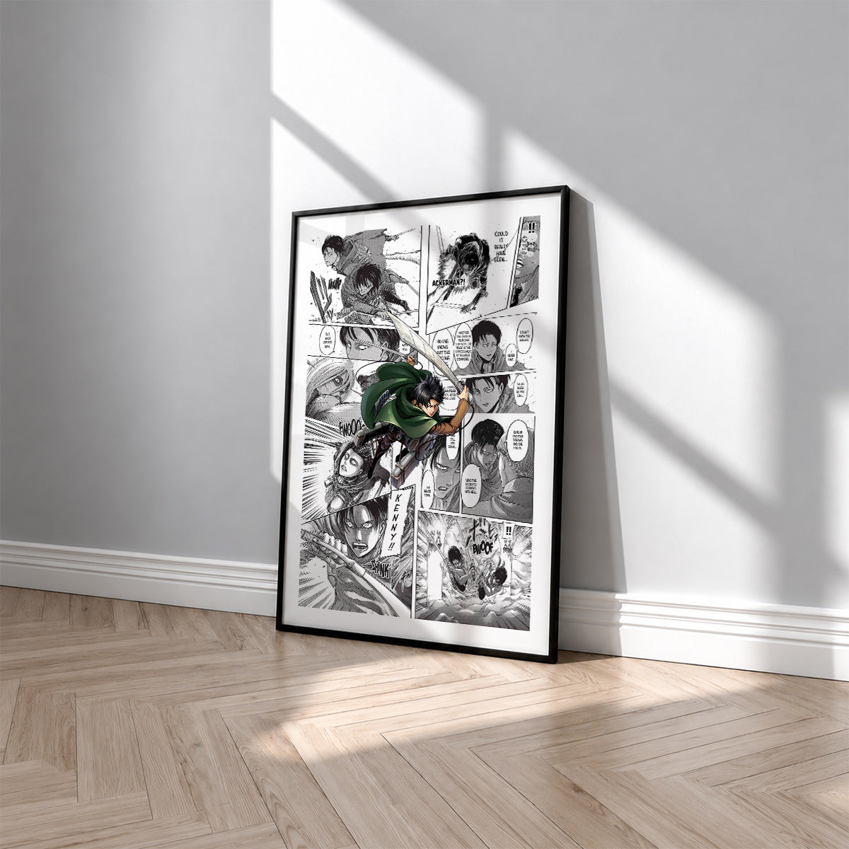 Levi Ackerman manga poster inspired by Attack on Titan in a black frame against a light gray wall