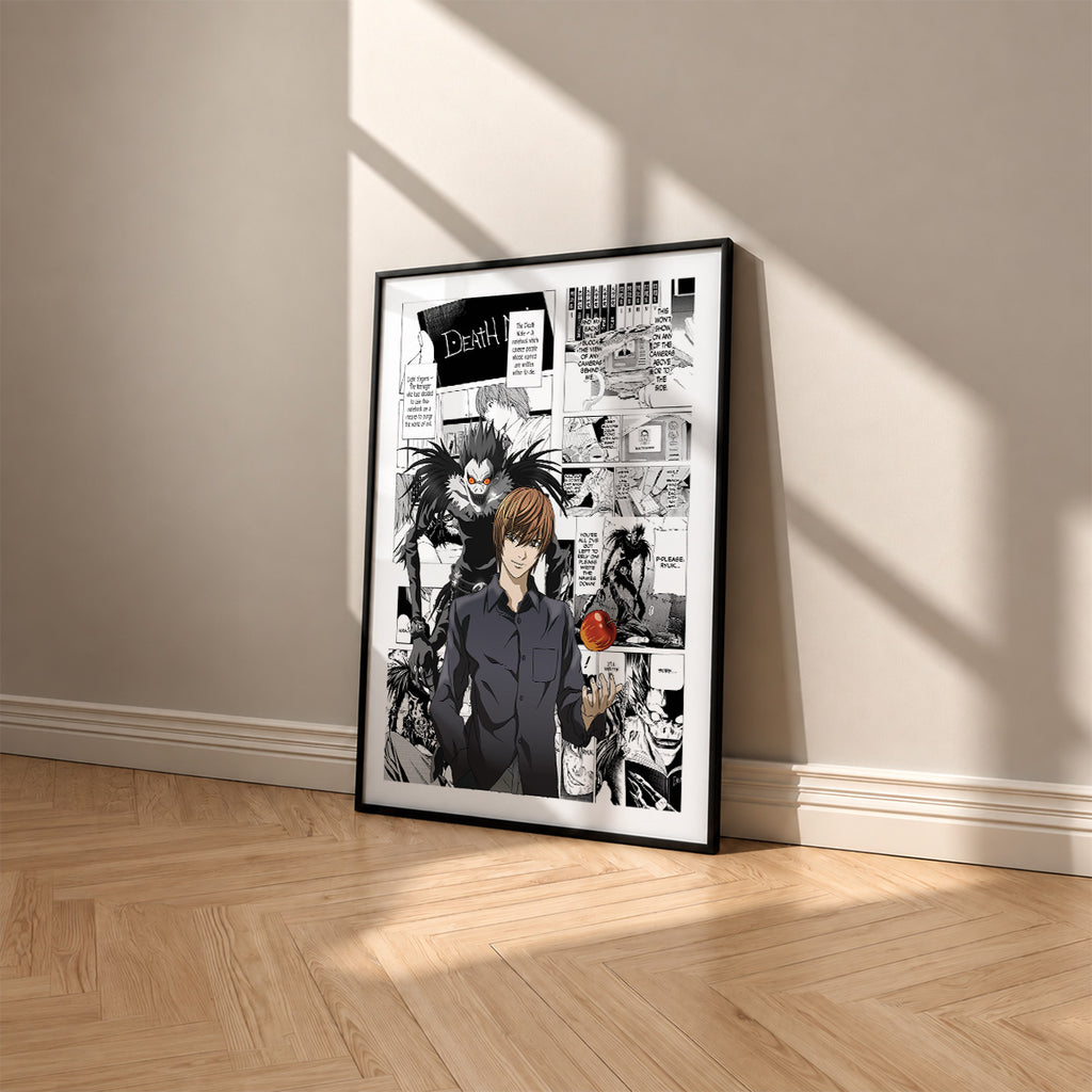 Light Yagami and Ryuk manga poster inspired by Death Note in a black frame against a warm beige wall