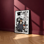 Light Yagami and Ryuk manga poster inspired by Death Note in a black frame against a burgundy wall