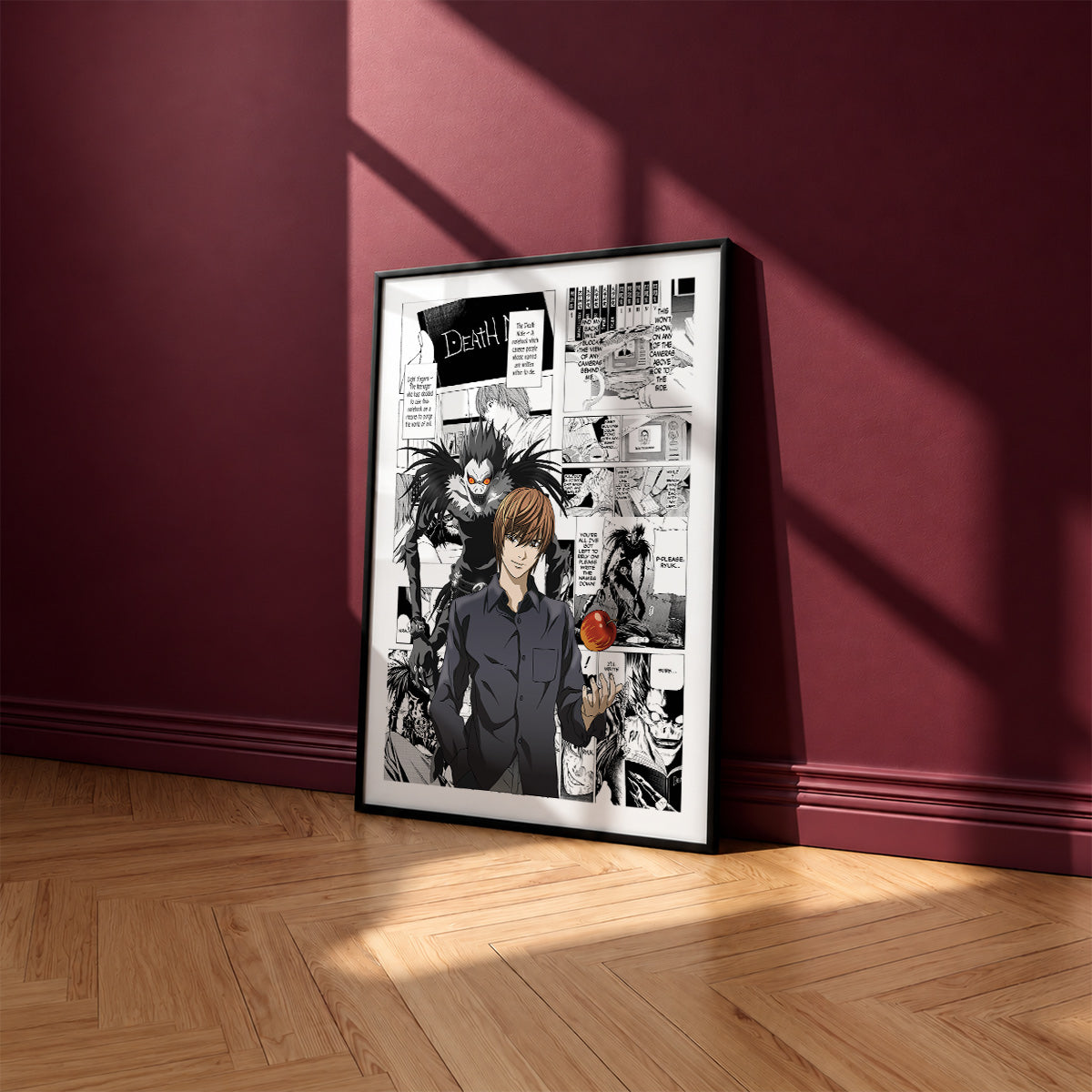 Light Yagami and Ryuk manga poster inspired by Death Note in a black frame against a burgundy wall