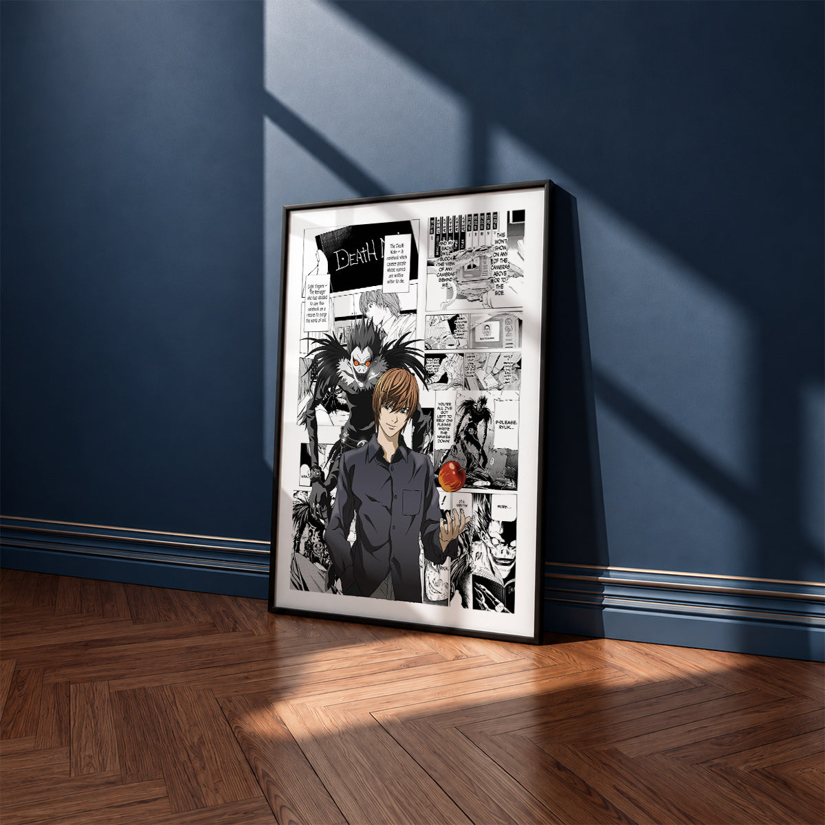 Light Yagami and Ryuk manga poster inspired by Death Note in a black frame against a navy blue wall