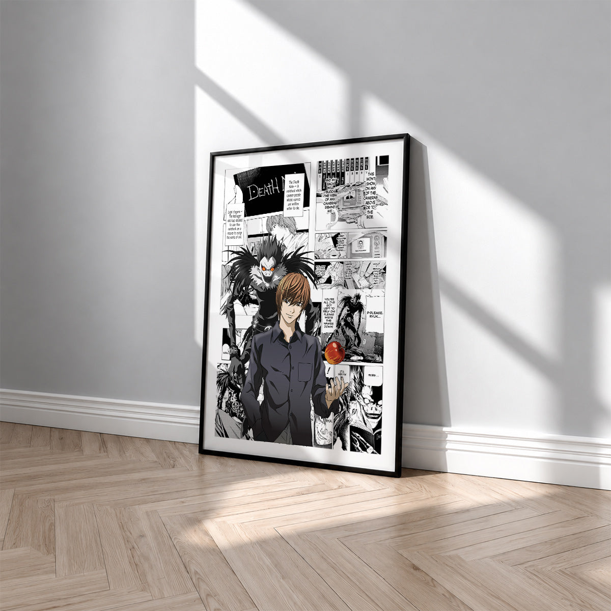 Light Yagami and Ryuk manga poster inspired by Death Note in a black frame against a light gray wall