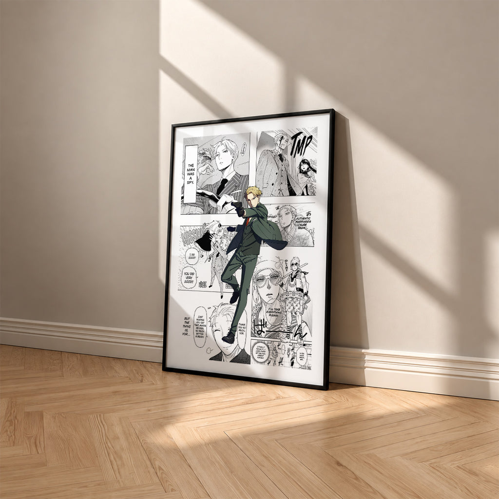 Loid Forger manga poster inspired by Spy x Family in a black frame against a warm beige wall