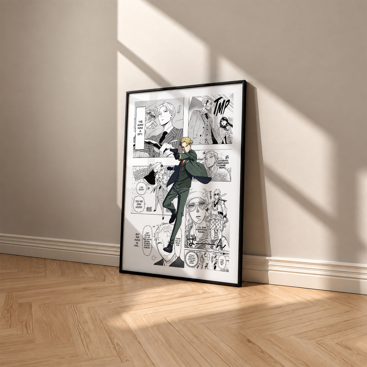 Loid Forger manga poster inspired by Spy x Family in a black frame against a warm beige wall