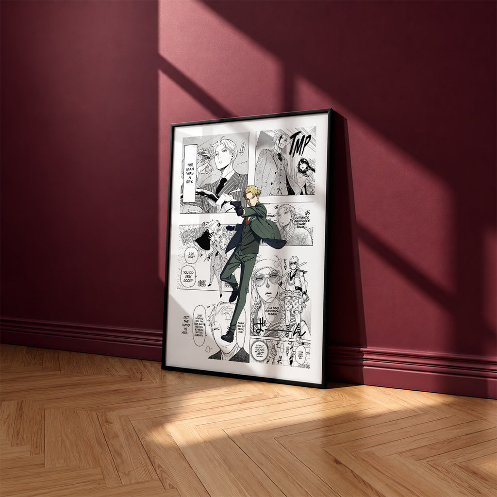 Loid Forger manga poster inspired by Spy x Family in a black frame against a burgundy wall