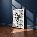 Loid Forger manga poster inspired by Spy x Family in a black frame against a navy blue wall