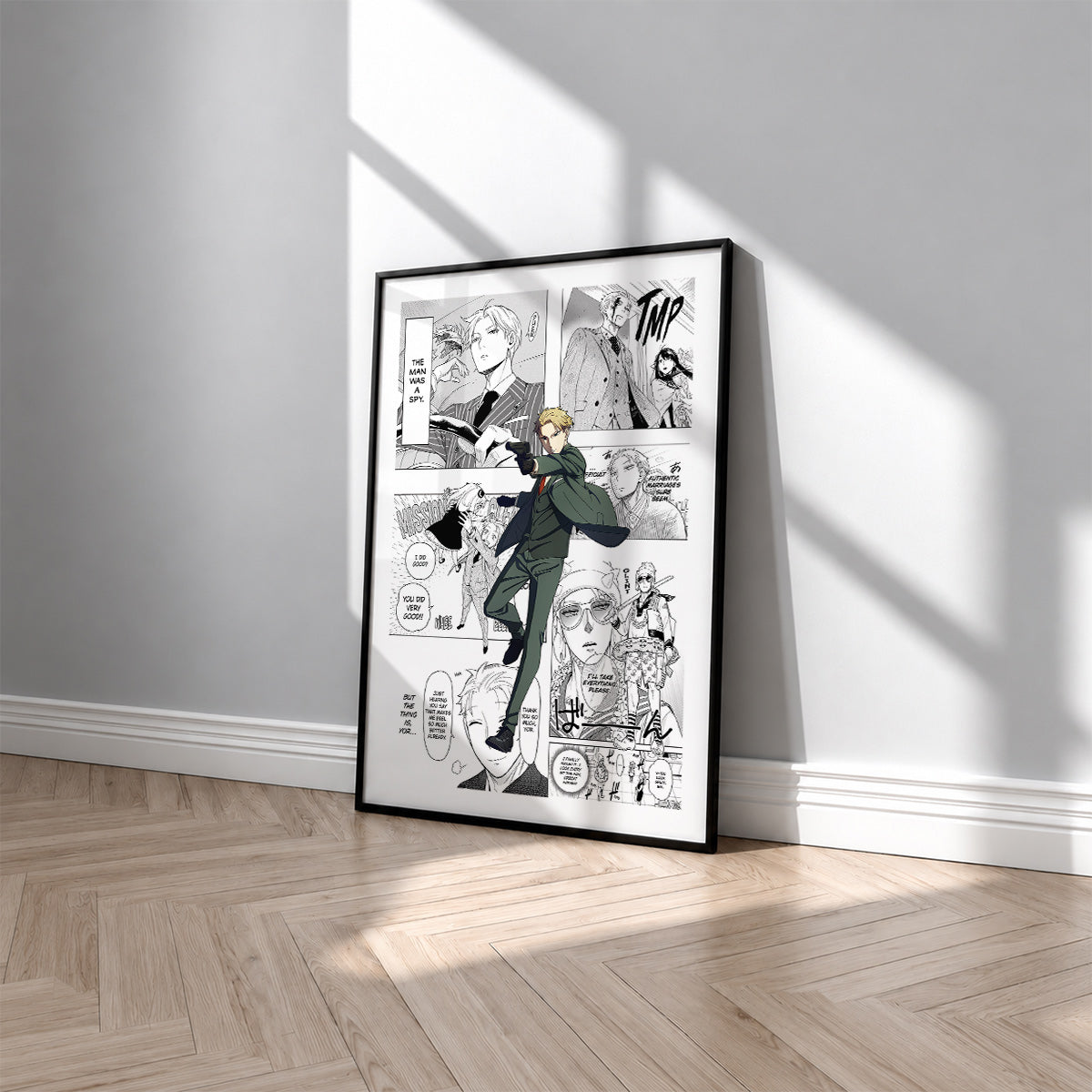 Loid Forger manga poster inspired by Spy x Family in a black frame against a light gray wall