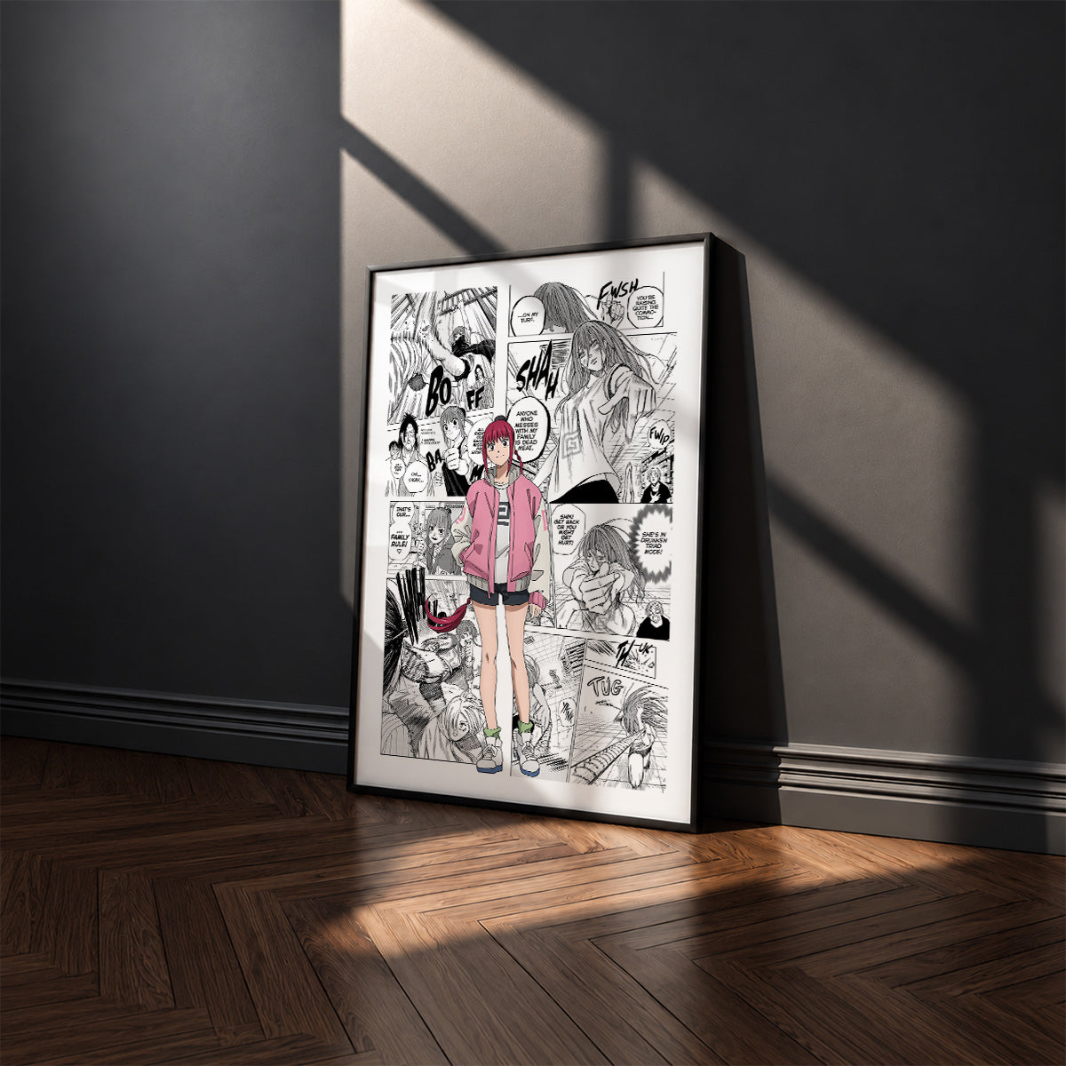 Lu Shaotang manga poster inspired by Sakamoto Days in a black frame against a charcoal gray wall