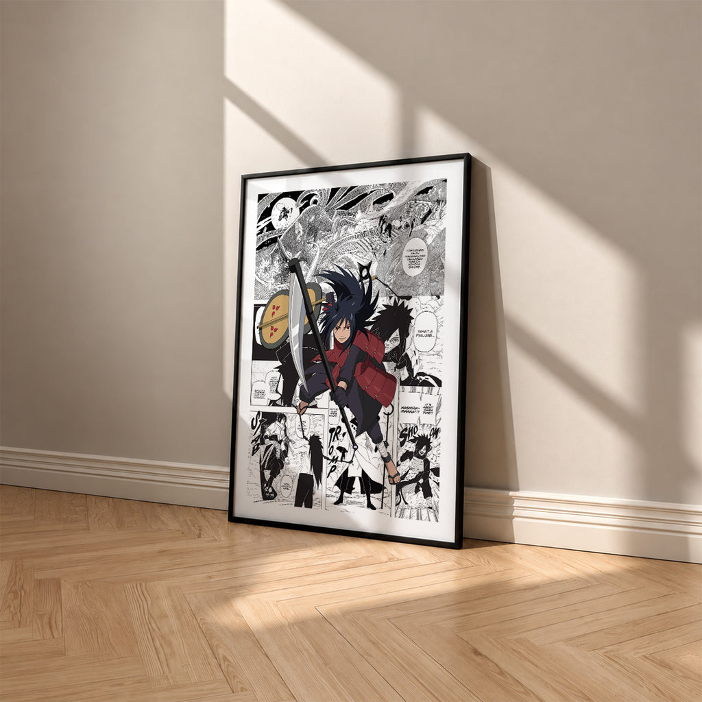 Madara Uchiha manga poster inspired by Naruto in a black frame against a warm beige wall