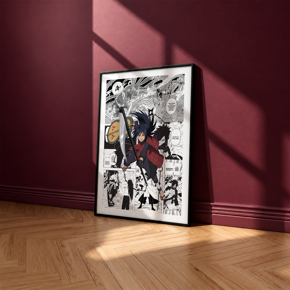 Madara Uchiha manga poster inspired by Naruto in a black frame against a burgundy wall