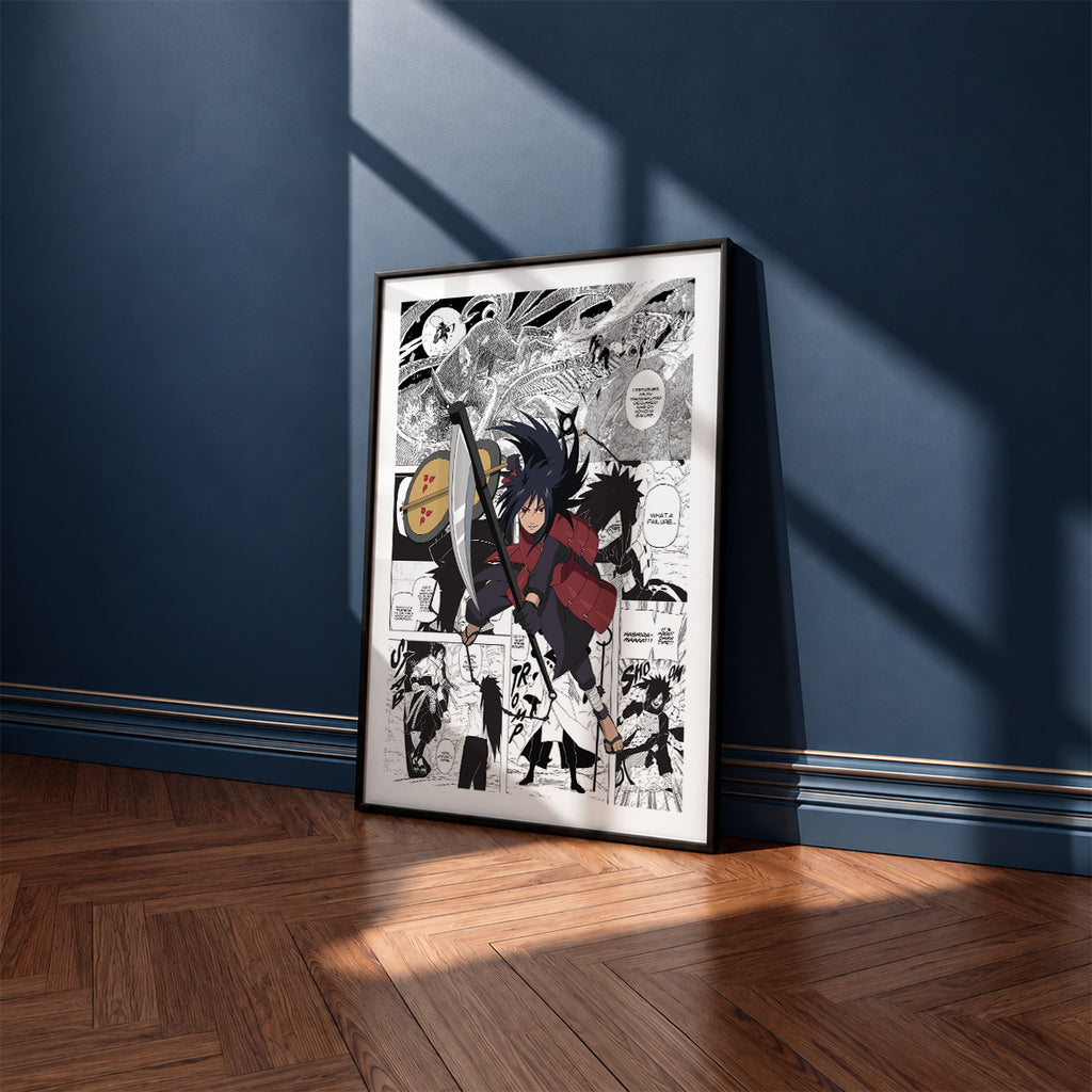 Madara Uchiha manga poster inspired by Naruto in a black frame against a navy blue wall