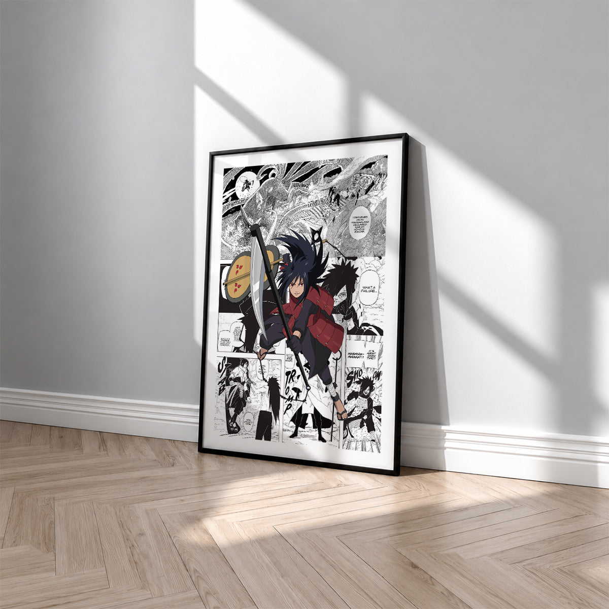 Madara Uchiha manga poster inspired by Naruto in a black frame against a light gray wall