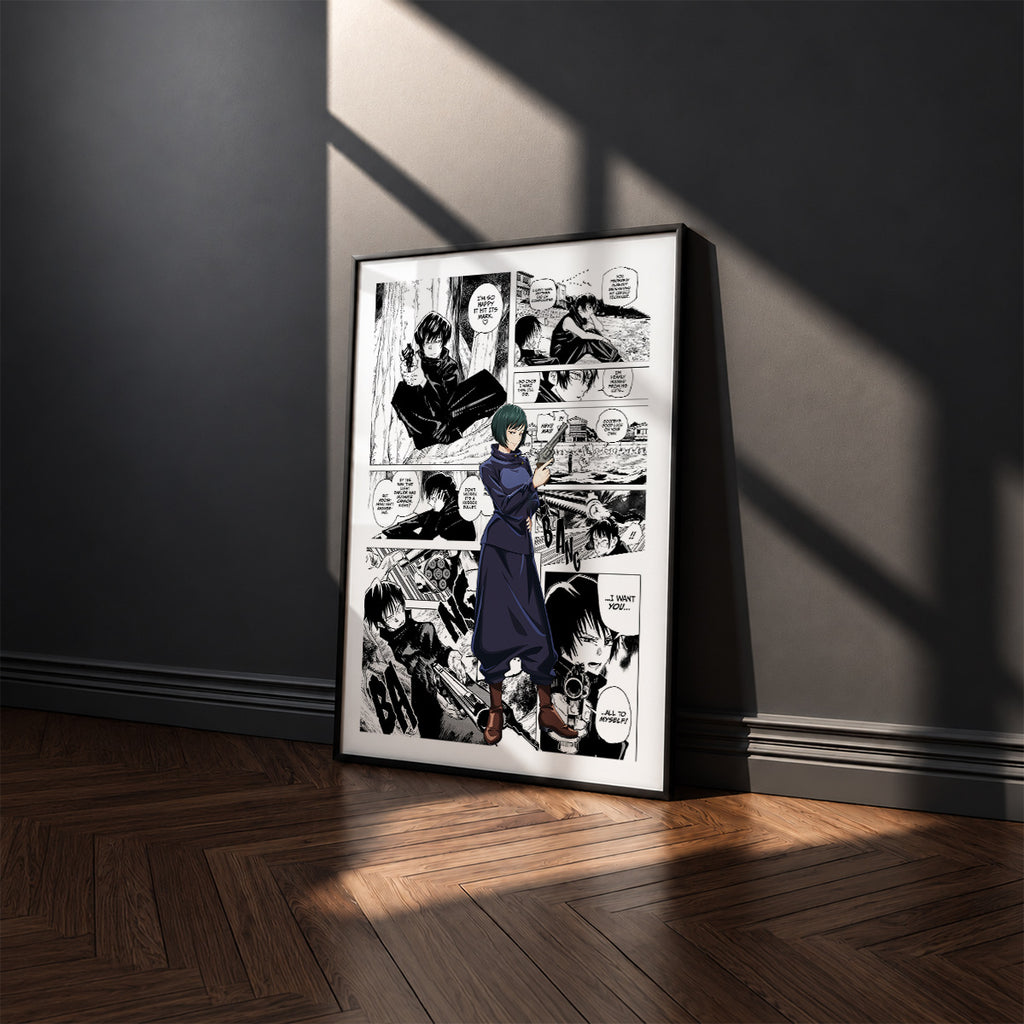 Mai Zenin manga poster inspired by Jujutsu Kaisen in a black frame against a charcoal gray wall