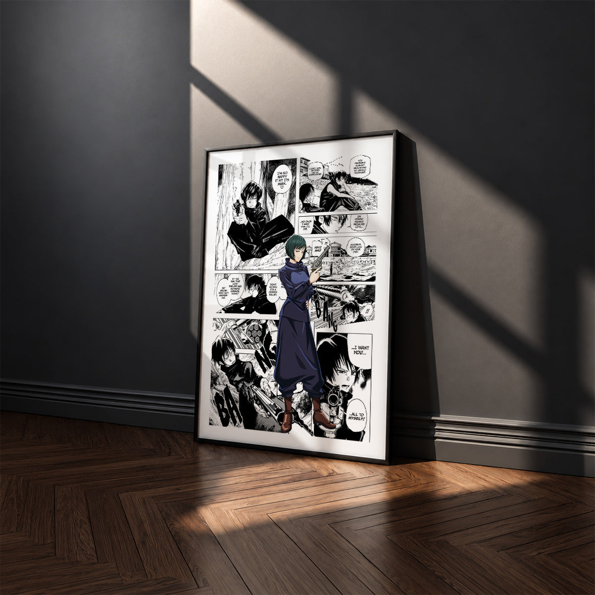 Mai Zenin manga poster inspired by Jujutsu Kaisen in a black frame against a charcoal gray wall