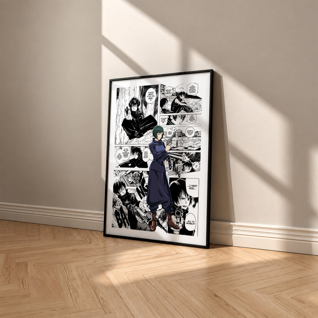 Mai Zenin manga poster inspired by Jujutsu Kaisen in a black frame against a warm beige wall