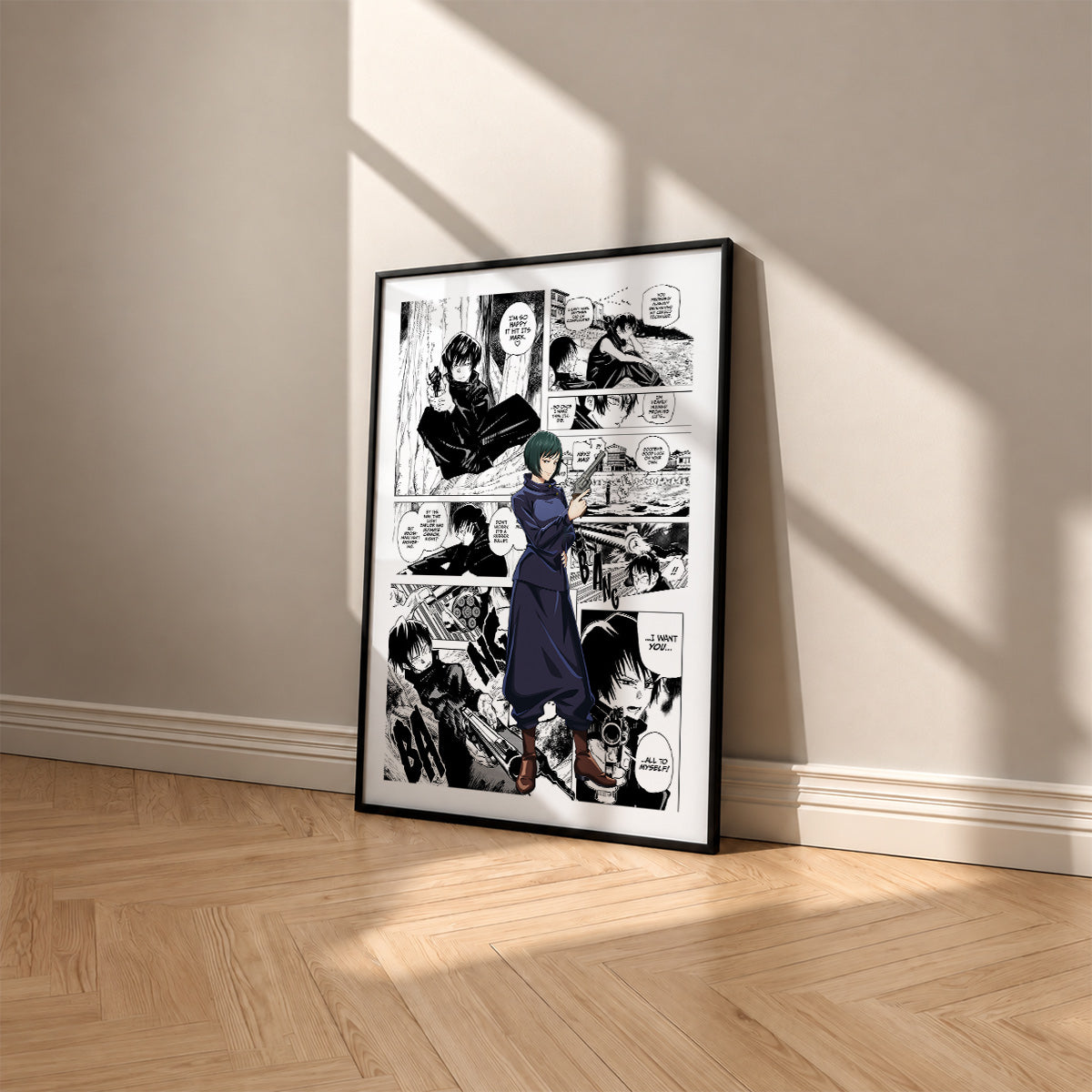 Mai Zenin manga poster inspired by Jujutsu Kaisen in a black frame against a warm beige wall