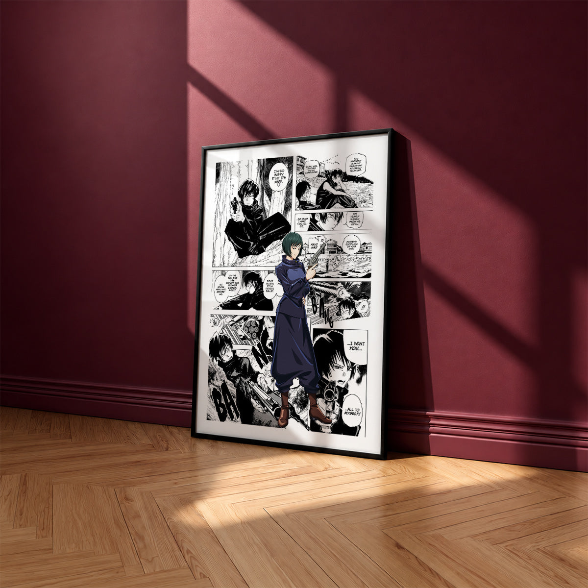Mai Zenin manga poster inspired by Jujutsu Kaisen in a black frame against a burgundy wall