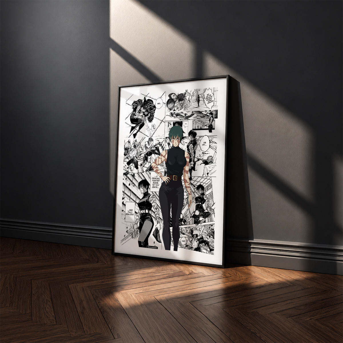 Maki Zenin Awakened manga poster inspired by Jujutsu Kaisen in a black frame against a charcoal gray wall