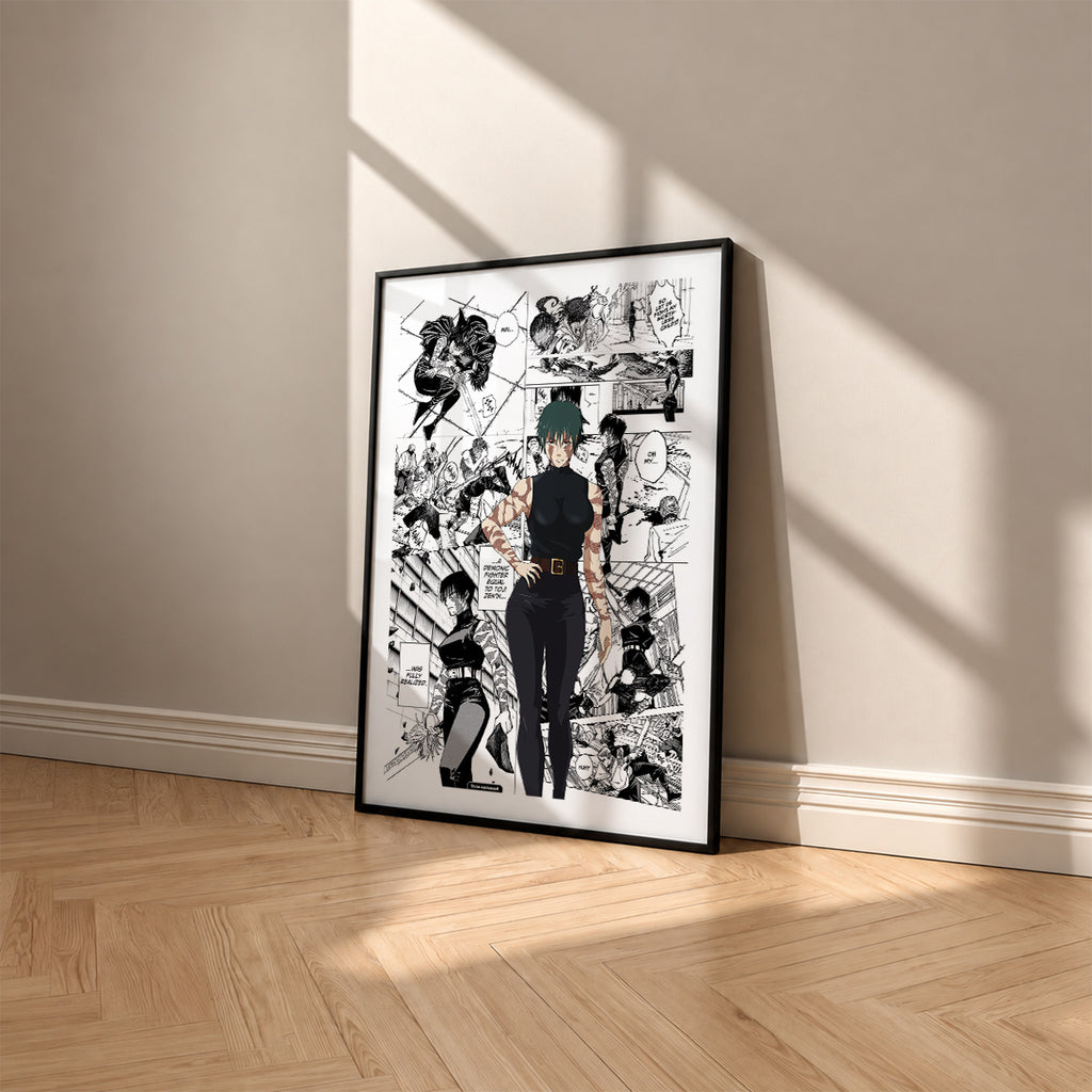 Maki Zenin Awakened manga poster inspired by Jujutsu Kaisen in a black frame against a warm beige wall