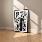 Maki Zenin Awakened manga poster inspired by Jujutsu Kaisen in a black frame against a warm beige wall