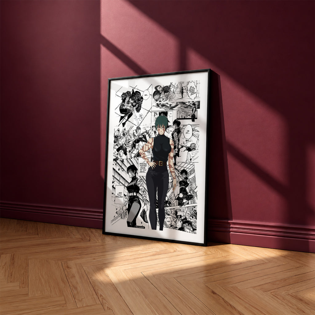 Maki Zenin Awakened manga poster inspired by Jujutsu Kaisen in a black frame against a burgundy wall