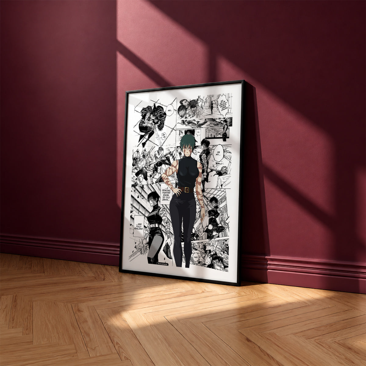 Maki Zenin Awakened manga poster inspired by Jujutsu Kaisen in a black frame against a burgundy wall