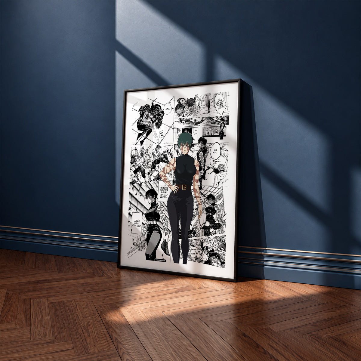 Maki Zenin Awakened manga poster inspired by Jujutsu Kaisen in a black frame against a navy blue wall