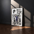 Maki Zenin manga poster inspired by Jujutsu Kaisen in a black frame against a charcoal gray wall