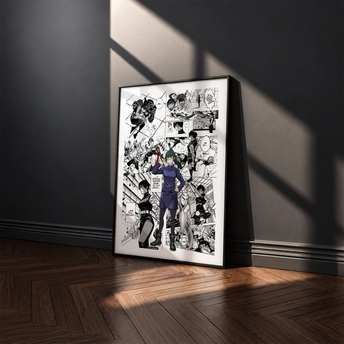 Maki Zenin manga poster inspired by Jujutsu Kaisen in a black frame against a charcoal gray wall