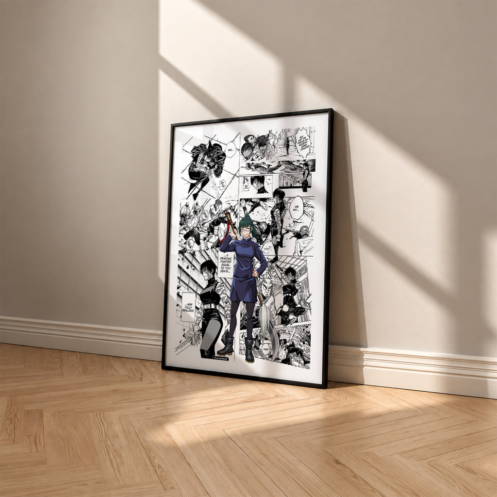 Maki Zenin manga poster inspired by Jujutsu Kaisen in a black frame against a warm beige wall