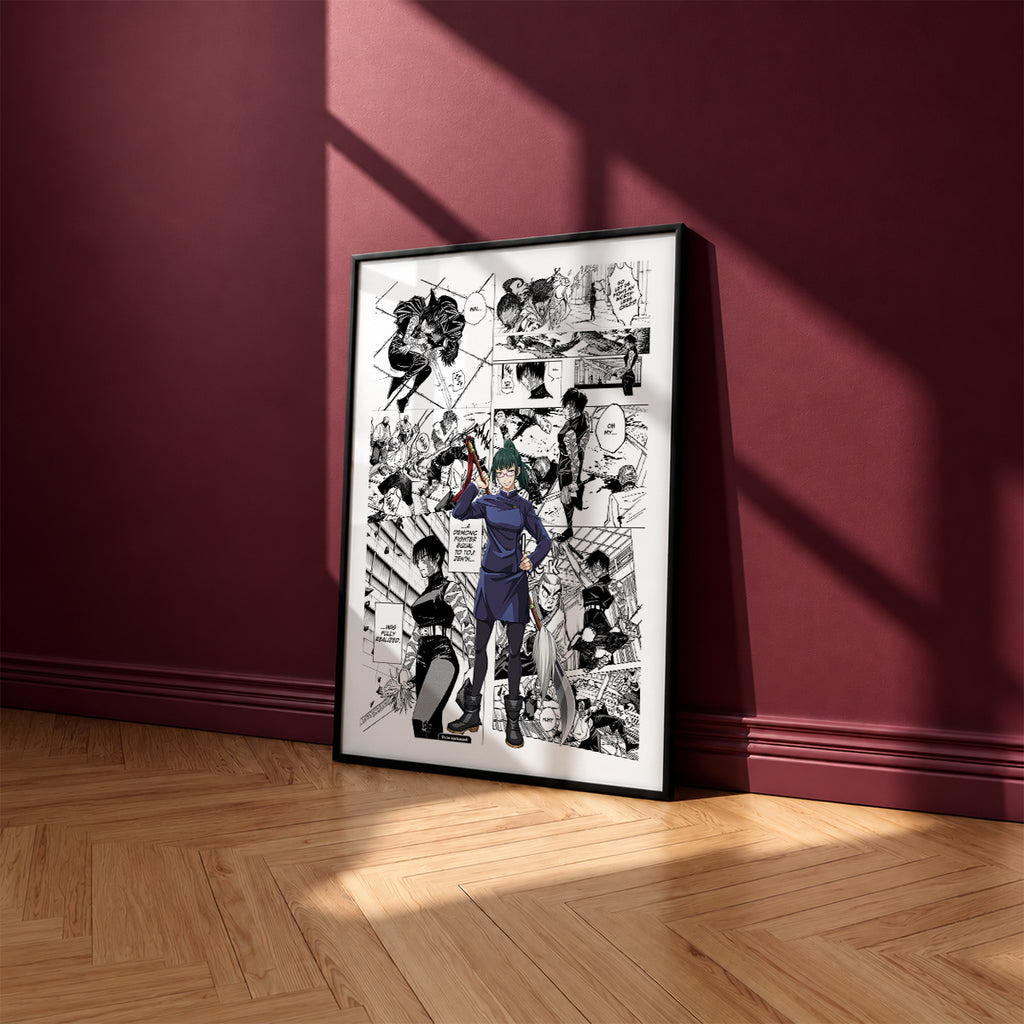 Maki Zenin manga poster inspired by Jujutsu Kaisen in a black frame against a burgundy wall