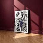 Maki Zenin manga poster inspired by Jujutsu Kaisen in a black frame against a burgundy wall