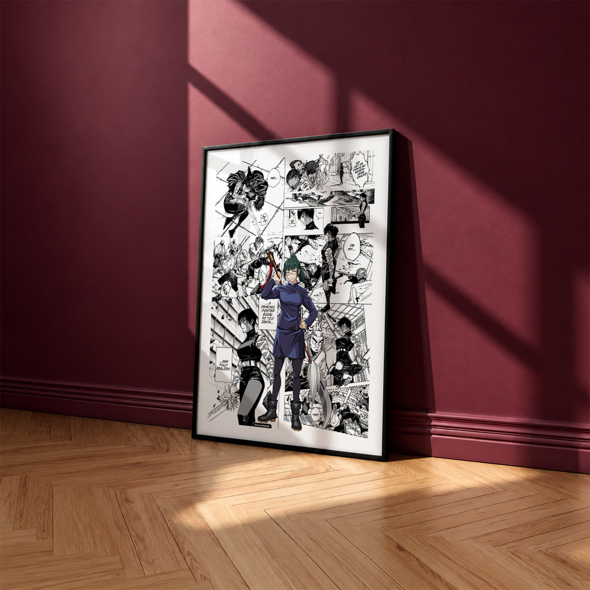 Maki Zenin manga poster inspired by Jujutsu Kaisen in a black frame against a burgundy wall
