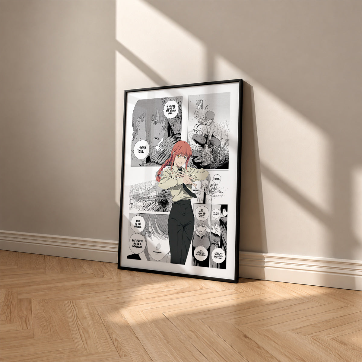 Makima manga poster inspired by Chainsaw Man in a black frame against a warm beige wall