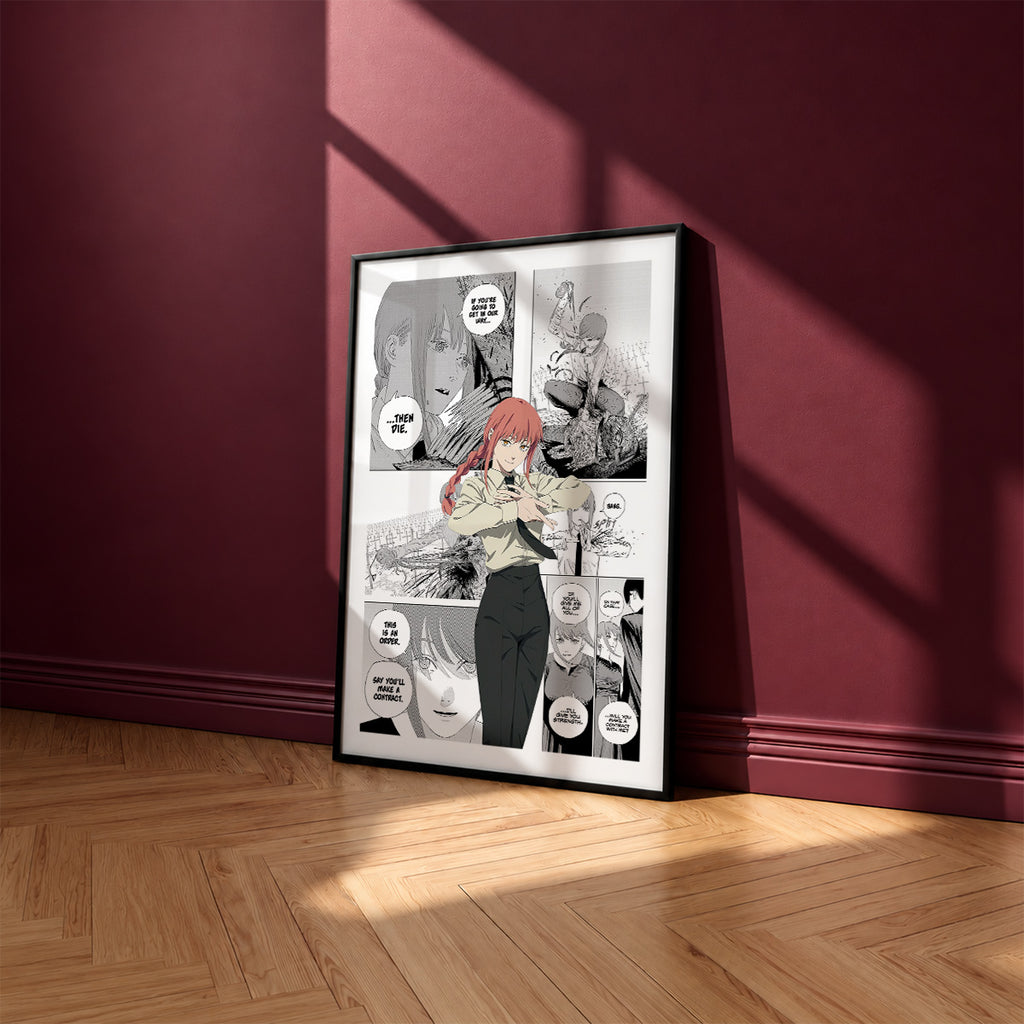 Makima manga poster inspired by Chainsaw Man in a black frame against a burgundy wall