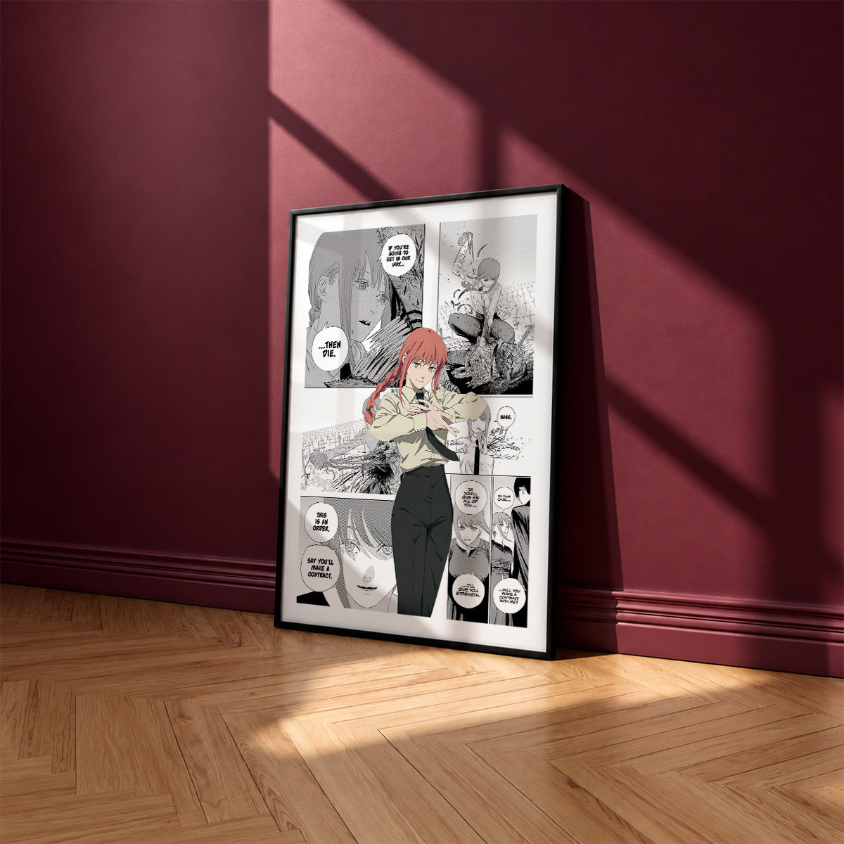 Makima manga poster inspired by Chainsaw Man in a black frame against a burgundy wall