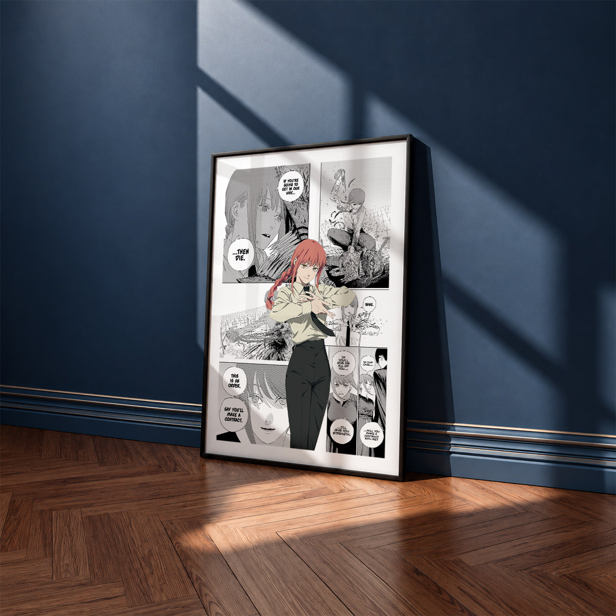 Makima manga poster inspired by Chainsaw Man in a black frame against a navy blue wall