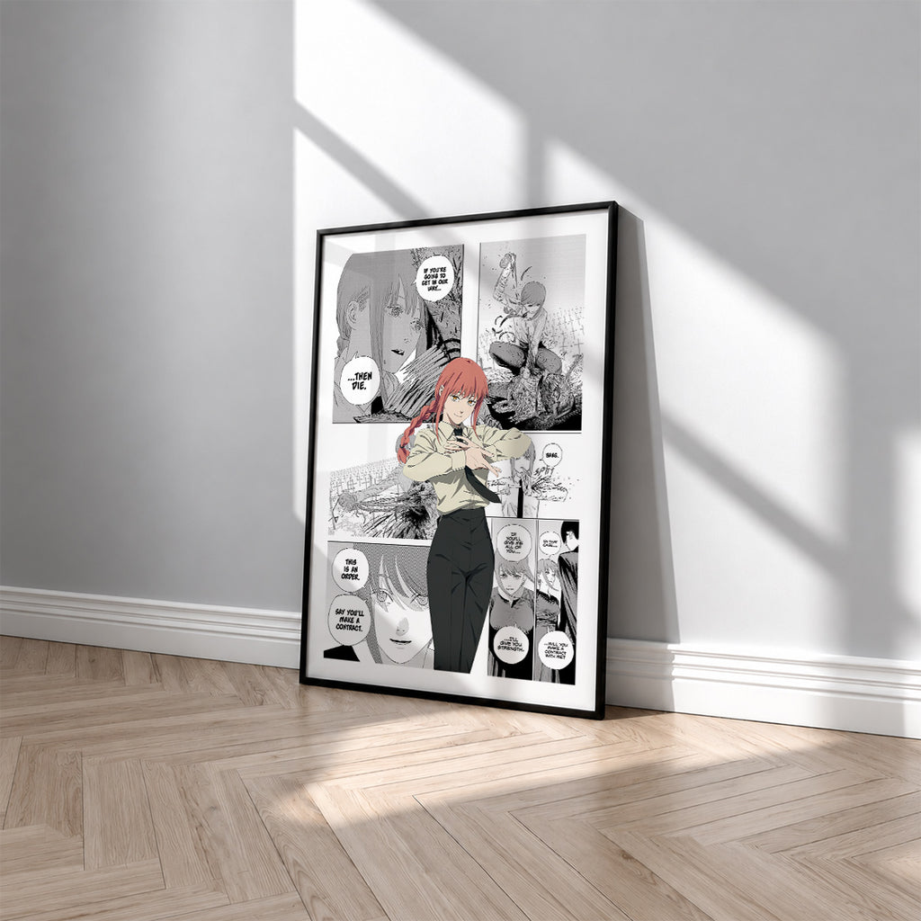 Makima manga poster inspired by Chainsaw Man in a black frame against a light gray wall