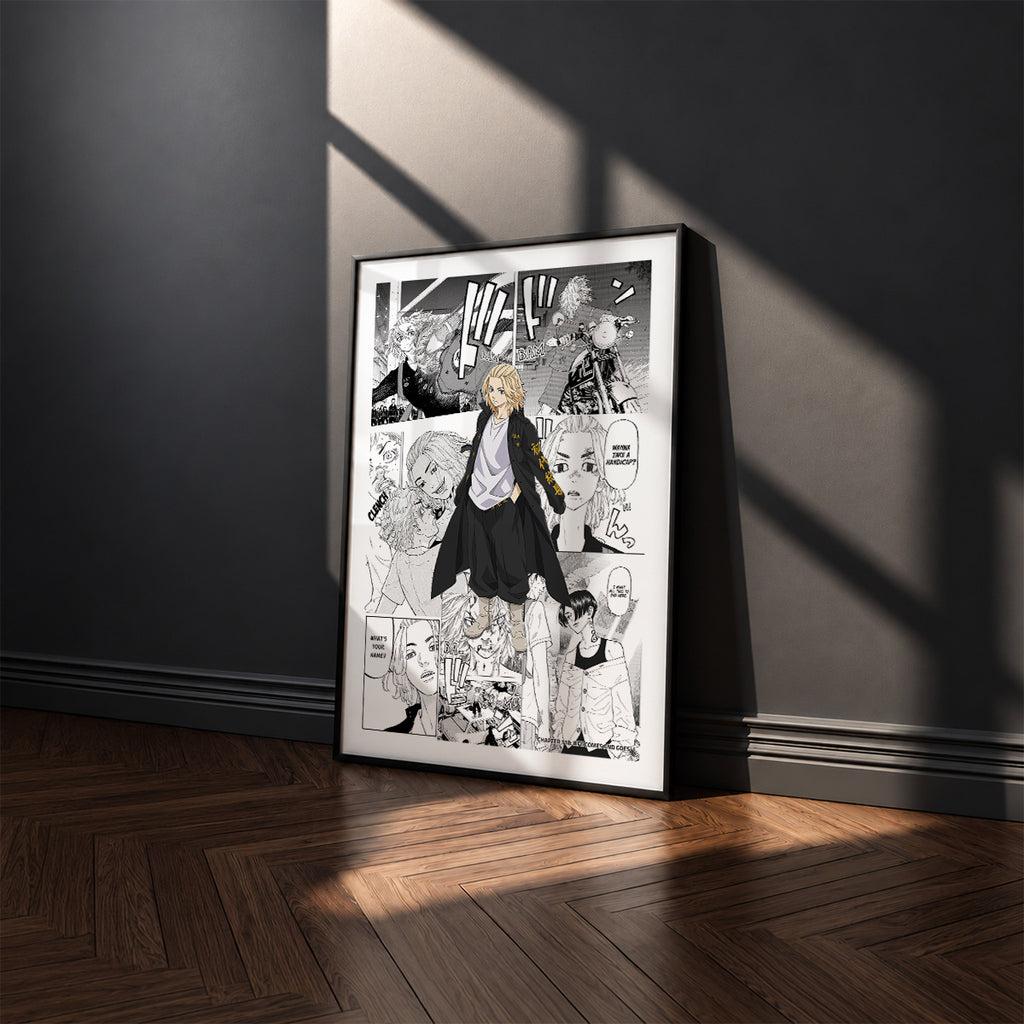 Manjiro Sano Mikey manga poster inspired by Tokyo Revengers in a black frame against a charcoal gray wall