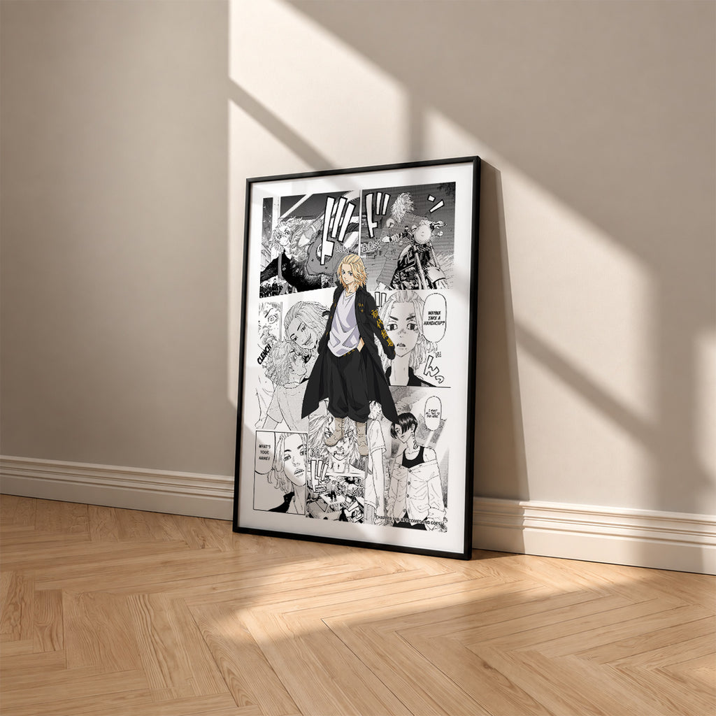 Manjiro Sano Mikey manga poster inspired by Tokyo Revengers in a black frame against a warm beige wall