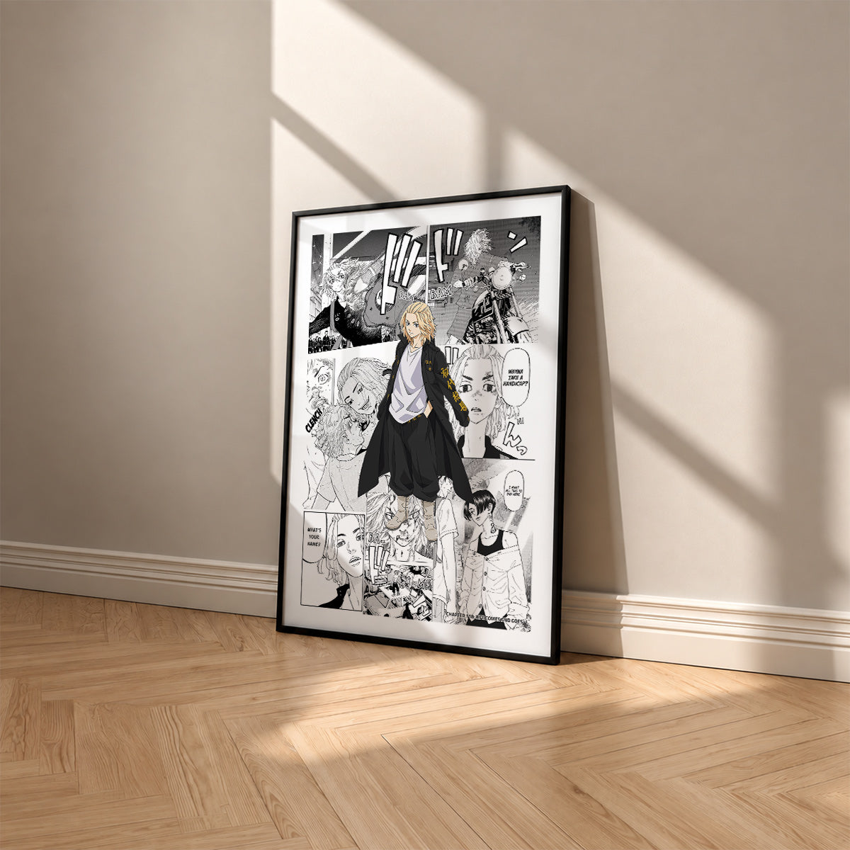 Manjiro Sano Mikey manga poster inspired by Tokyo Revengers in a black frame against a warm beige wall