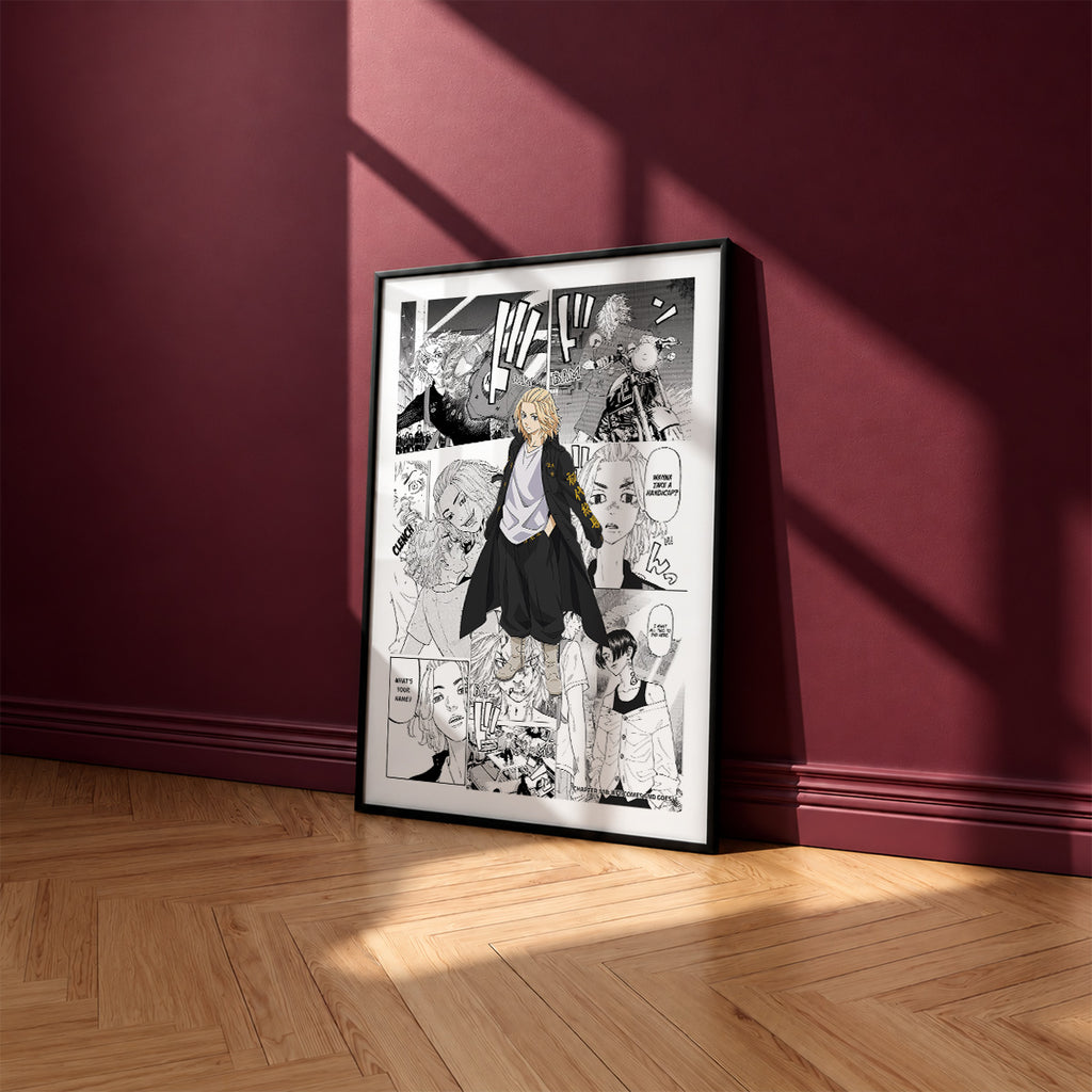 Manjiro Sano Mikey manga poster inspired by Tokyo Revengers in a black frame against a burgundy wall