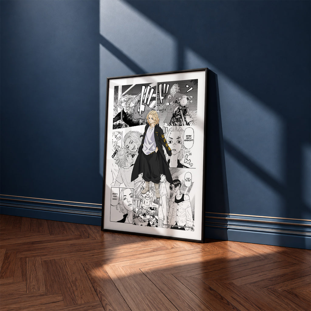 Manjiro Sano Mikey manga poster inspired by Tokyo Revengers in a black frame against a navy blue wall