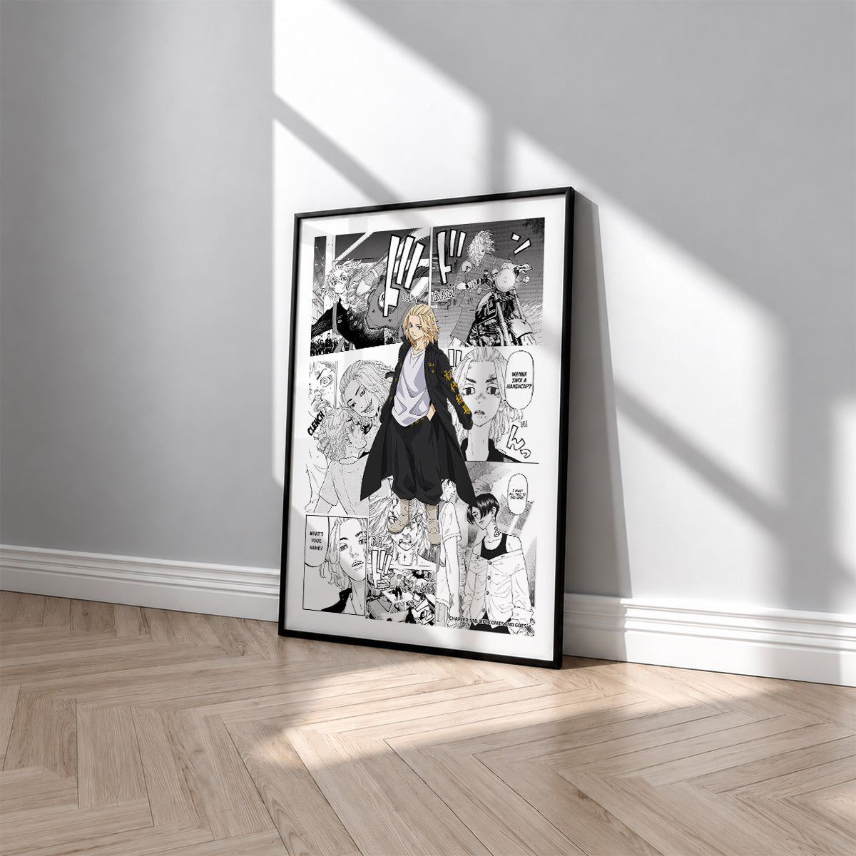 Manjiro Sano Mikey manga poster inspired by Tokyo Revengers in a black frame against a light gray wall