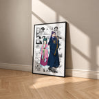 Maomao and Jinshi manga poster inspired by The Apothecary Diaries in a black frame against a warm beige wall