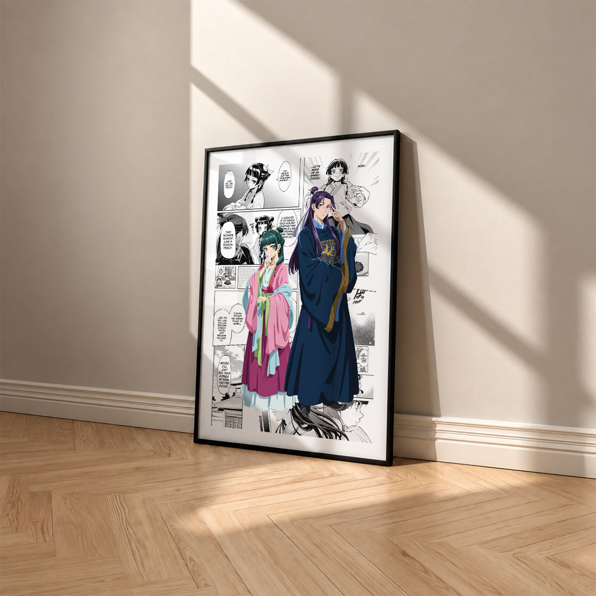 Maomao and Jinshi manga poster inspired by The Apothecary Diaries in a black frame against a warm beige wall