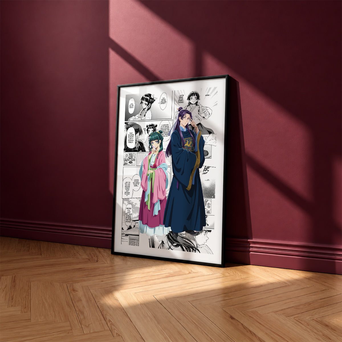 Maomao and Jinshi manga poster inspired by The Apothecary Diaries in a black frame against a burgundy wall