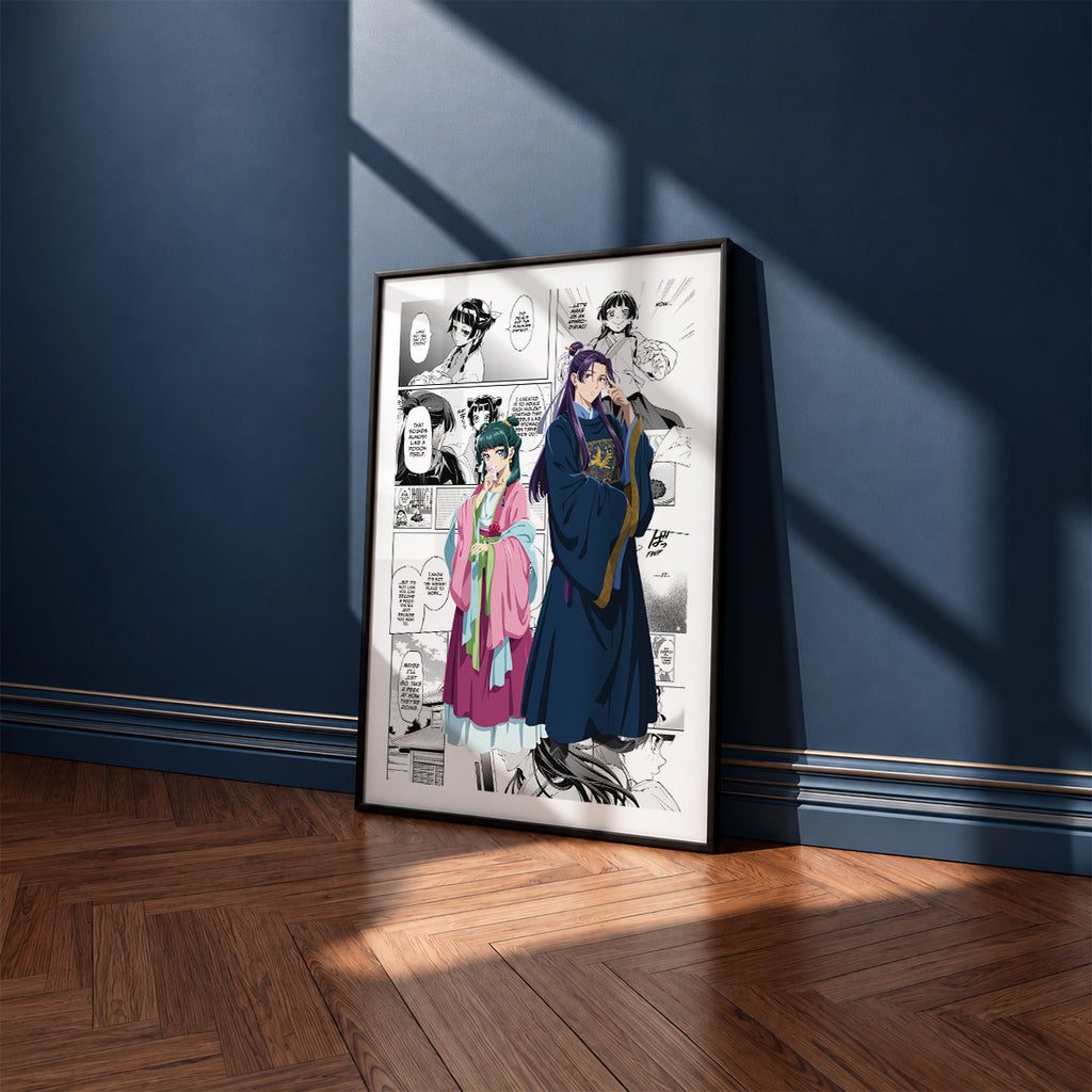 Maomao and Jinshi manga poster inspired by The Apothecary Diaries in a black frame against a navy blue wall